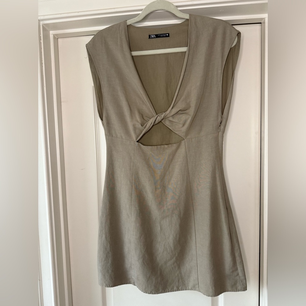 Zara Taupe Linen Cut-out mini dress.  Short and snug and so casual yet elegant.